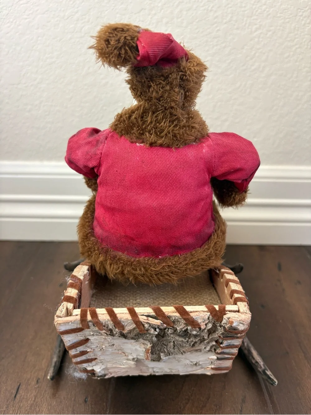 Santa Claus Figure In Bark Wood Sleigh Antlers Sled Christmas Holiday Decor 11”